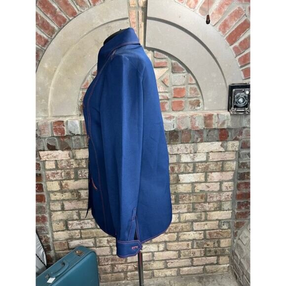 button up shirt dagger collar 6 zipper pockets 1970s navy blue red - Picture 9 of 11